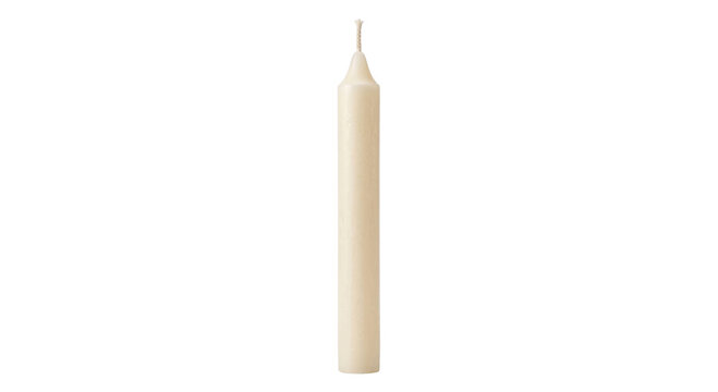 Single ivory taper candle with a cotton wick isolated on a clean white studio background