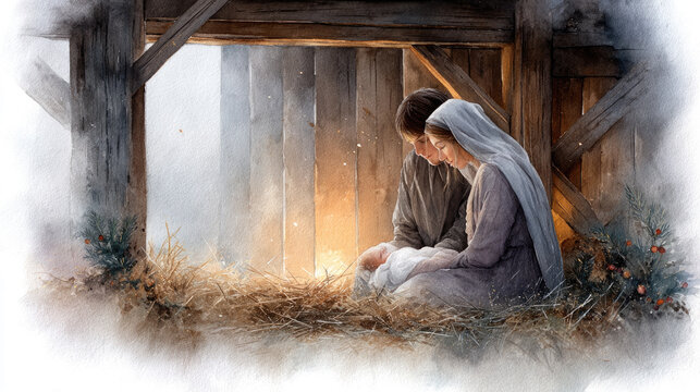 Mary and joseph adoring baby jesus in a humble stable, the holy family celebrating christmas and the christian holiday season in a watercolor illustration