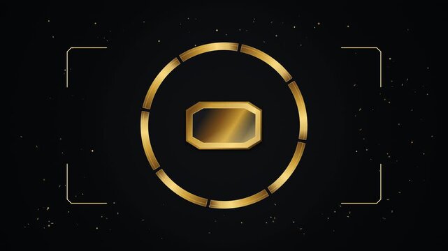 Premium black and gold abstract promotional background featuring interlocking metallic geometric rings, a beveled octagonal centerpiece, dynamic golden light sweeps, and elegant perimeter particles. S
