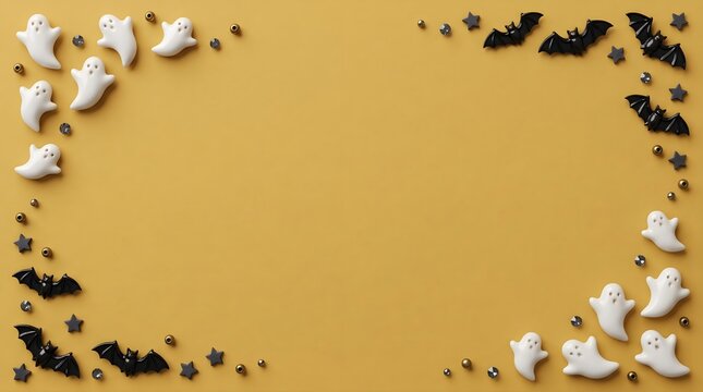 Halloween frame with cute white ghosts and black bats on yellow background