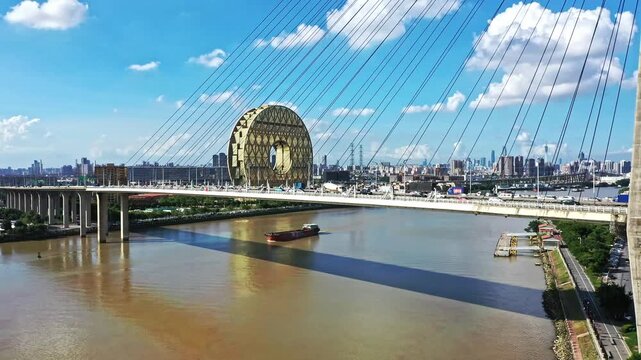 Guangzhou Circle Bridge Over Pearl River with City Skyline in Guangzhou, China