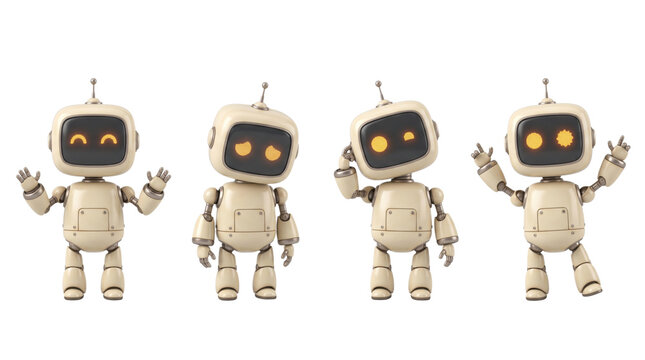 Retro vintage toy robot with glowing yellow screen eyes character set isolated. Cute desktop bot gestures.