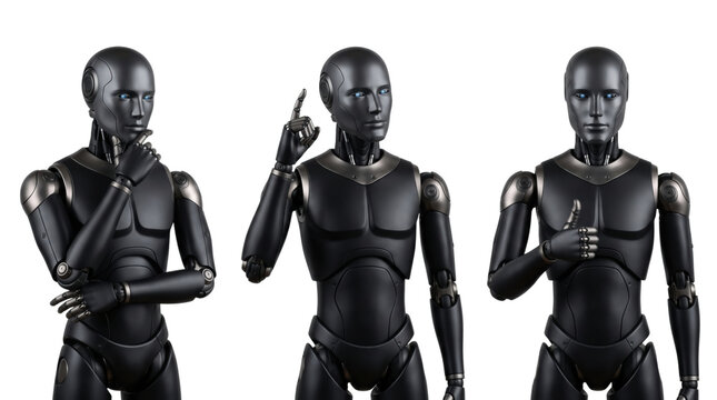 Black humanoid robot with glowing blue eyes character set isolated. Futuristic cyborg posing with gestures.