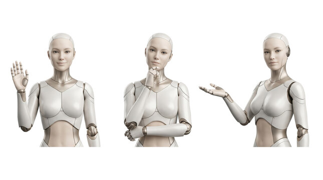 White female android robot in sleek body armor character set isolated. Futuristic woman cyborg gestures.