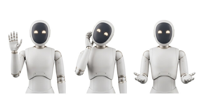 White modern humanoid robot with glowing digital face display character set isolated. Friendly cyborg gestures set.