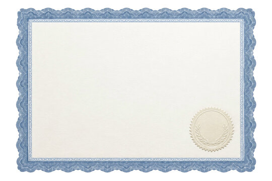 Blank certificate template with a blue decorative border and an embossed gold foil seal design