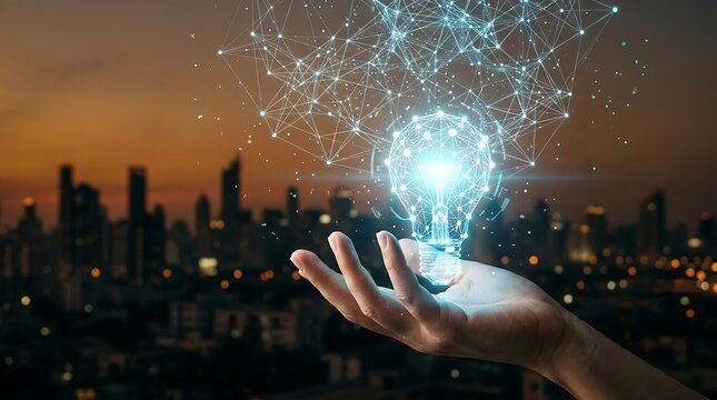 A human hand holding a glowing light bulb formed by a complex network of blue nodes and lines, set against a blurred city skyline at night, representing smart solutions and technological innovation