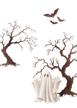 Watercolor Halloween poster with bare trees, spooky ghost and bats