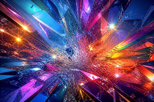 Colorful shattered glass fragments creating radial abstract display