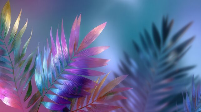 Holographic neon tropical palm and fern leaves with pastel gradient backdrop, soft rim light, metallic shine, iridescent texture, and dynamic diagonal composition