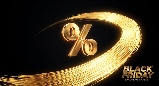 Black Friday Exclusive Offers Banner with Swirling Metallic Gold Brushstroke and 3D Percent Sign