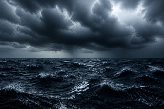 Rough ocean waves under dark storm clouds over open sea horizon