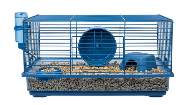 Blue wire cage for small pets with exercise wheel, water bottle, and hideout on white background