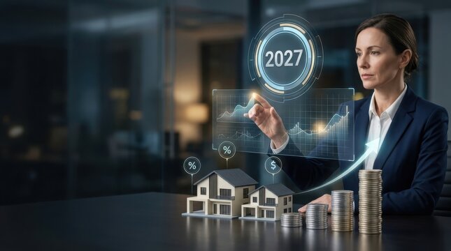 Businesswoman analyzing future housing market trends with holographic projections and stacked coins