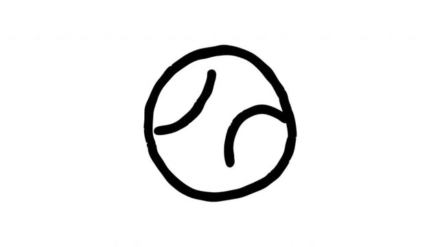 Tennis Ball For Sports Play And Training Hand Drawn Doodle Animation. Racket Ball And Athletic Equipment. Tennis Practice Symbol For Sports Content. 4K Loop With Alpha Channel.