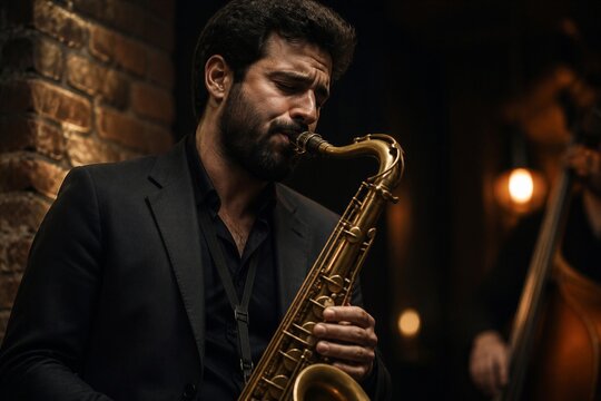Male saxophonist playing solo in dim brick jazz club