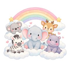 Naklejka premium Adorable animals on fluffy clouds.
