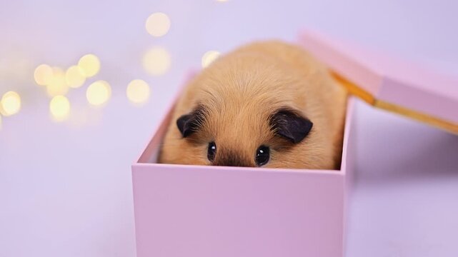 Guinea Pig Looking out of a Pastel Pink Christmas Gift Box