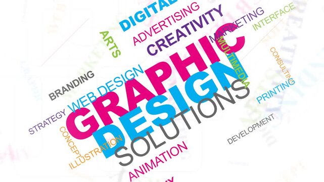 Animated graphic design word cloud background with corporate text motion graphics