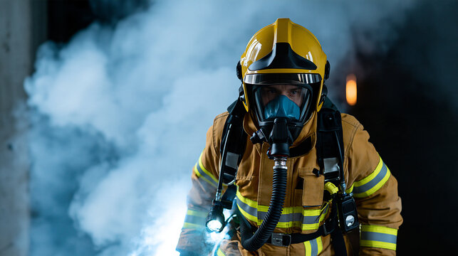 Firefighter wearing a breathing apparatus entering a dark smoke-filled structure, urban emergency response, fire suppression, hazardous environment, respiratory protection, rescue