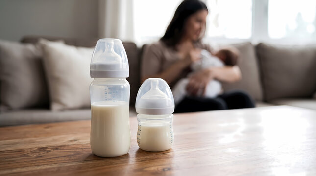 A mother gently cradles her newborn infant while two plastic containers filled with nutritious baby formula sit upon the wooden living room table during a calm and peaceful afternoon at her