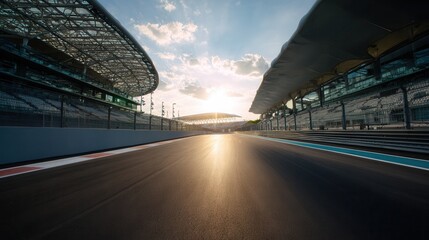 Naklejka premium Low-angle racetrack asphalt leading toward distant pit grandstand under dramatic sunset sky with reflective wet surface and empty starting grid, with racetrack, asphalt, pit, grandstand detail