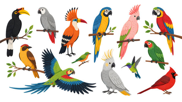 Set of colorful exotic tropical birds including parrots macaws and toucans sitting on tree branches