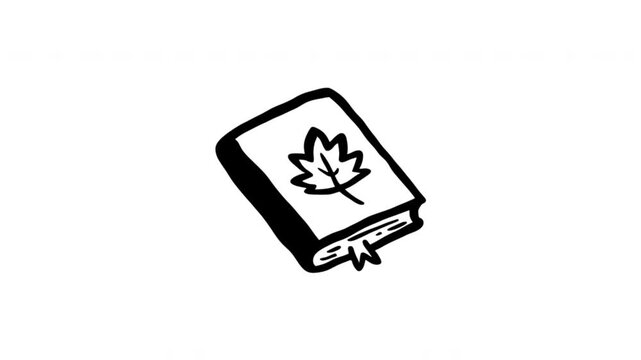 Book For Reading And Education Hand Drawn Doodle Animation. Leaf Covered Book And Learning Resource. Animated Reading Symbol For Schools And Libraries. 4K Loop With Alpha Channel.