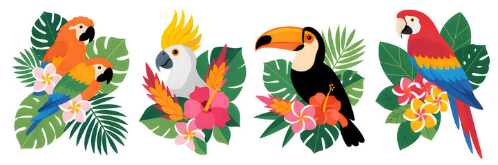 Fototapeta premium Set of colorful tropical parrots and toucan birds with exotic flowers and green jungle leaves