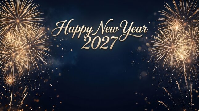Golden fireworks exploding above dark blue sky with Happy New Year 2027 text