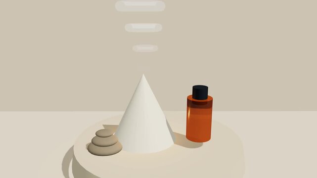 Porcelain essential oil diffuser with amber apothecary bottle and glowing mist rings in meditative spa wellness 3D motion loop.