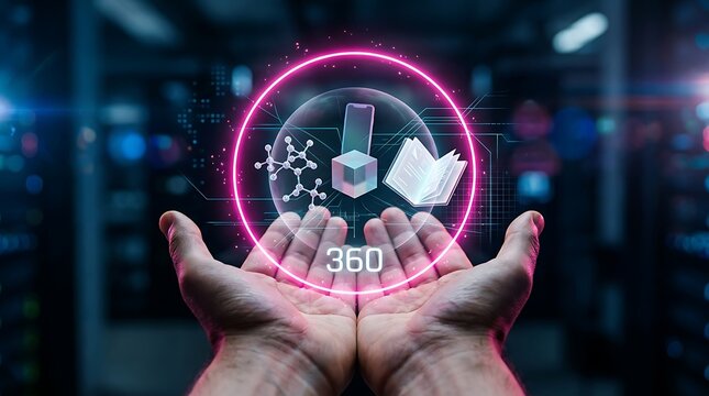 Hands holding a glowing pink circular interface with icons representing science, technology, and literature, symbolizing 360 degree integrated knowledge and digital transformation in a server room