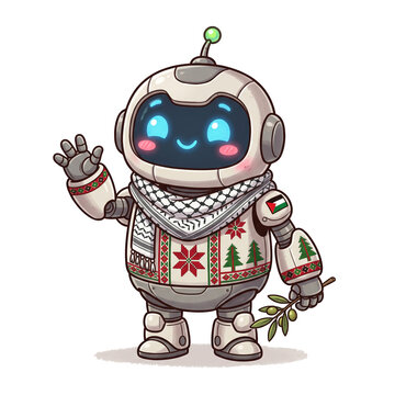 Cute and adorable cartoon robot inspired by Palestinian cultural heritage, featuring traditional tatreez embroidery patterns and Palestinian-inspired design details. This friendly futuristic mascot co