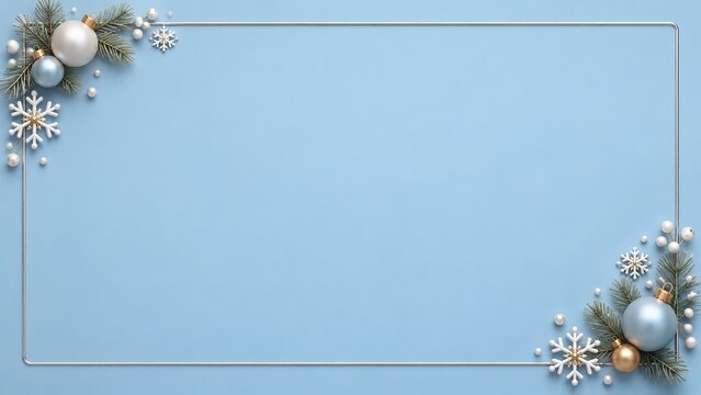 Christmas ornaments, pine branches and snowflakes framing a blue greeting card. Winter holiday border design. Seasonal celebration and festive invitation template.