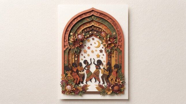 Paper cutout art of people dancing under a starry night archway
