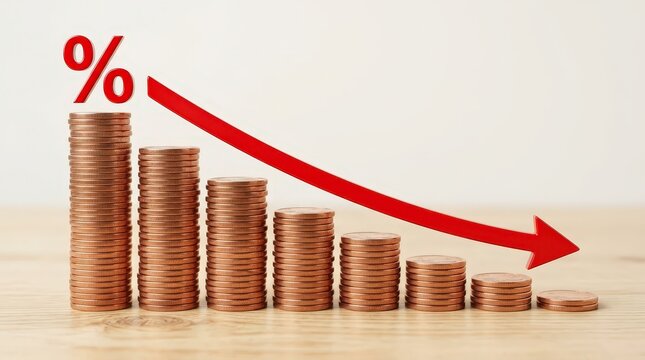 Decreasing stacks of copper coins with a red percentage arrow showing