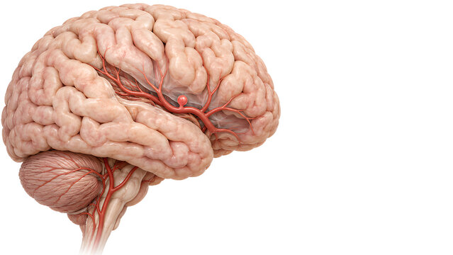 Cerebral aneurysm in brain vessels shown in a photorealistic 3D medical render with preserved surrounding anatomy and copy space for neurology teaching, patient education and healthcare website design