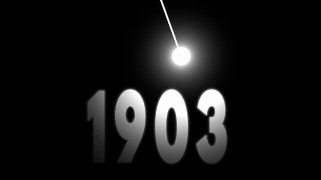 Cinematic white 1901 year text animation with swinging light bulb on black background.