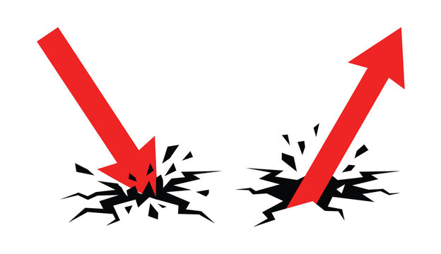 Business Risk and Recovery Concept with Falling and Rising Red Arrows on Cracked Ground, Loss and Growth Vector Illustration