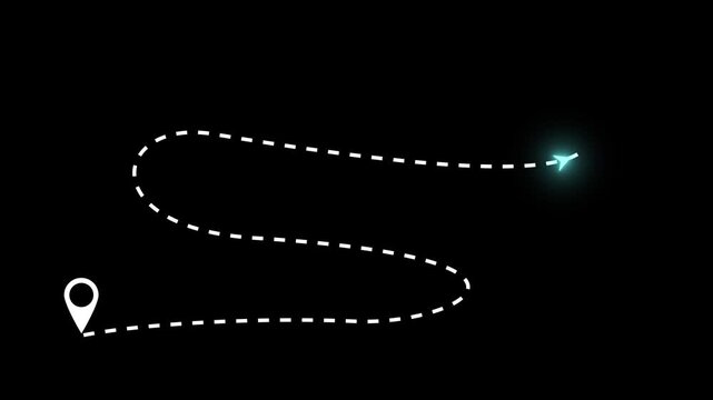 Dashed route line leading to map pin location. White navigation path with arrow and destination marker on black background. Minimal travel and map concept. GPS and logistics icon design, 4K