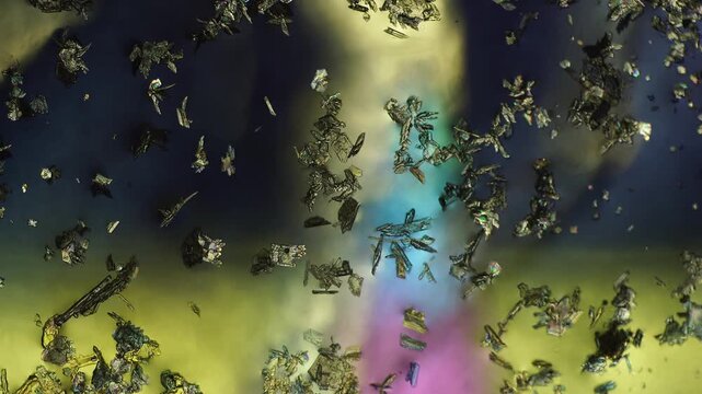 Potassium monophosphate crystallization nucleation phase under polarized light microscope showing initial crystal embryo formation on vibrant interference background for chemical science study