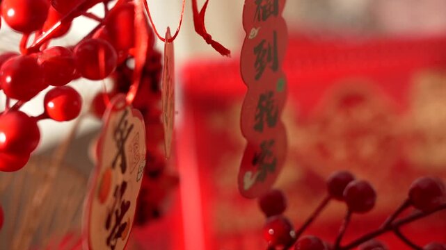 Festive Red Berries and Chinese New Year Ornaments with Calligraphy Tags