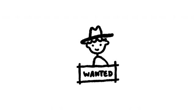 Wanted Sign For Suspect Identification And Law Enforcement Searches Doodle Animation With Alpha Channel. Outlaw Notice And Criminal Investigation Alert. Animated Hand-Drawn Icon For Video Overlay 4K.