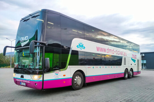 Salerno, Italy - September 17, 2026: A Van Hool Astromega double-decker bus belonging to the carrier DMD Group which operates international passenger transport services across Europe and Ukraine.