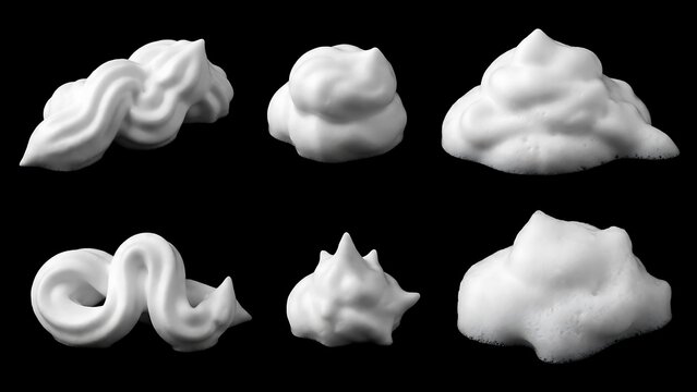 Six distinct swirls and dollops of white whipped cream or shaving foam isolated on a black background, showing various textures, and soft peaks shapes
