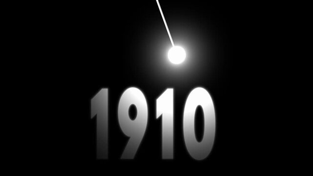 Cinematic white 1910 year text animation with swinging light bulb on black background.