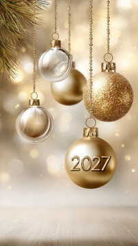 Golden christmas baubles hang on delicate strings against shimmering bokeh, one engraved with 2027, evoking festive new year anticipation, celebration, and elegant holiday cheer