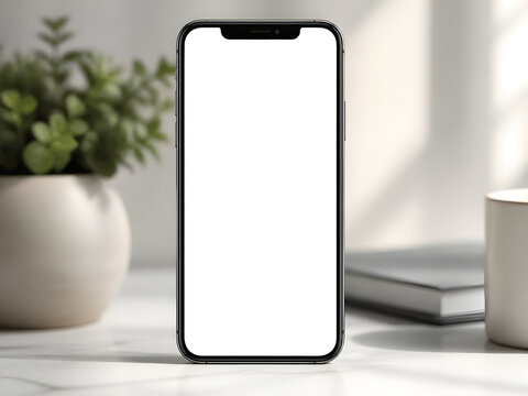 Smartphone with blank white screen rests on a marble surface