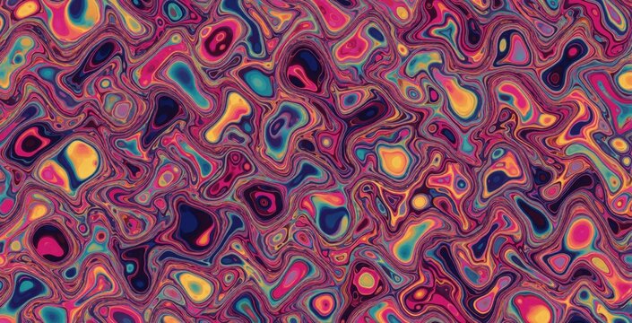 Colorful abstract liquid marble pattern with swirling psychedelic colors. Seamless texture shows melted paint effect with wavy flow lines. Multicolored psychedelic design creates trippy fluid
