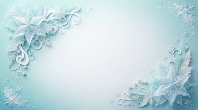 Frozen winter and ice crystal Christmas background with paper art stars
